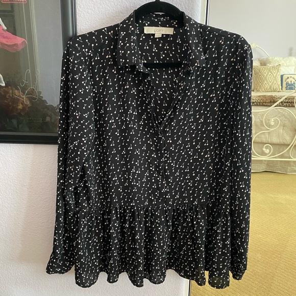 Women's LOFT Black Cherry Print Long Sleeve Peplum Blouse Size Medium - Picture 5 of 8